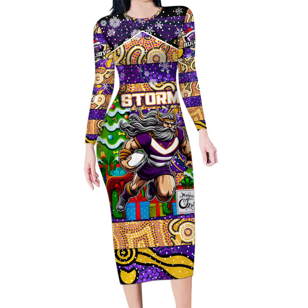 Custom Storm Rugby Merry Christmas Long Sleeve Bodycon Dress Indigenous Australian Art