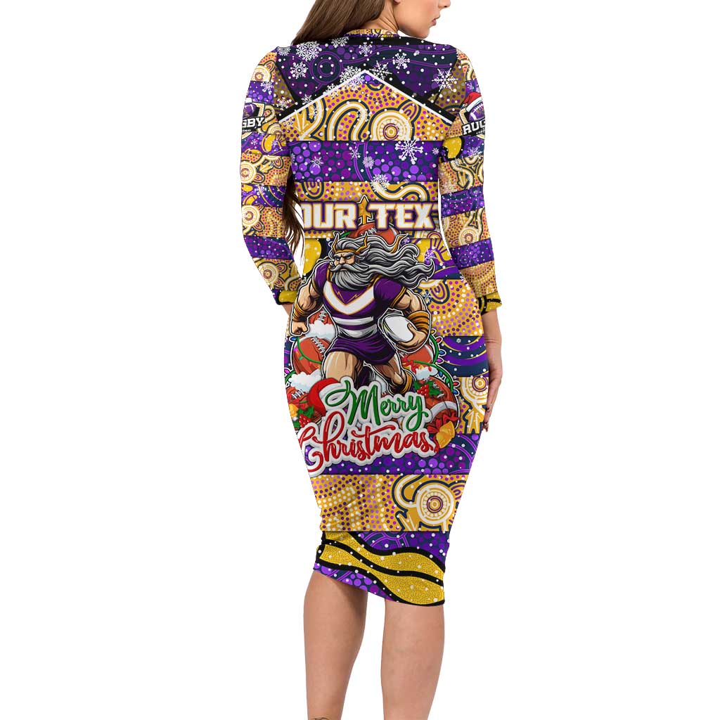 Custom Storm Rugby Merry Christmas Long Sleeve Bodycon Dress Indigenous Australian Art