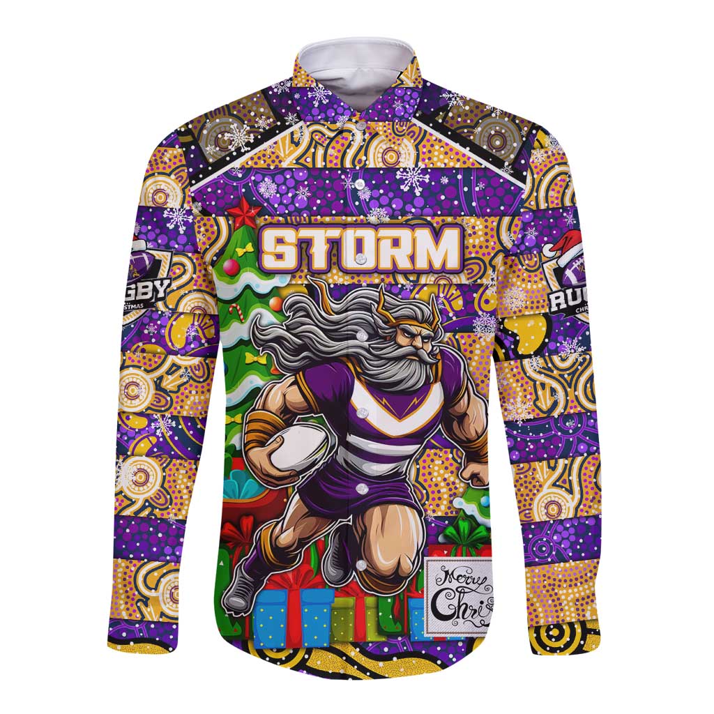 Custom Storm Rugby Merry Christmas Long Sleeve Button Shirt Indigenous Australian Art