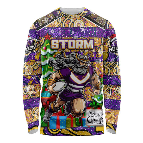 Custom Storm Rugby Merry Christmas Long Sleeve Shirt Indigenous Australian Art