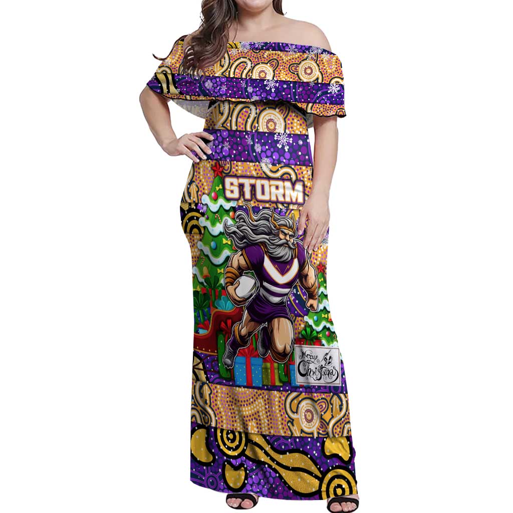 Custom Storm Rugby Merry Christmas Off Shoulder Maxi Dress Indigenous Australian Art