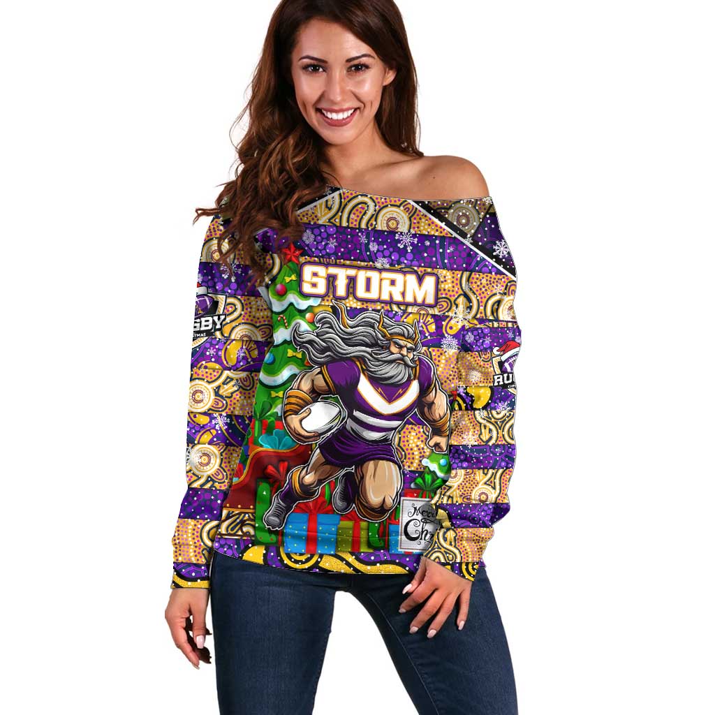 Custom Storm Rugby Merry Christmas Off Shoulder Sweater Indigenous Australian Art