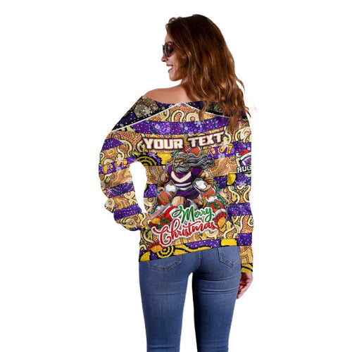 Custom Storm Rugby Merry Christmas Off Shoulder Sweater Indigenous Australian Art