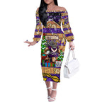 Custom Storm Rugby Merry Christmas Off The Shoulder Long Sleeve Dress Indigenous Australian Art