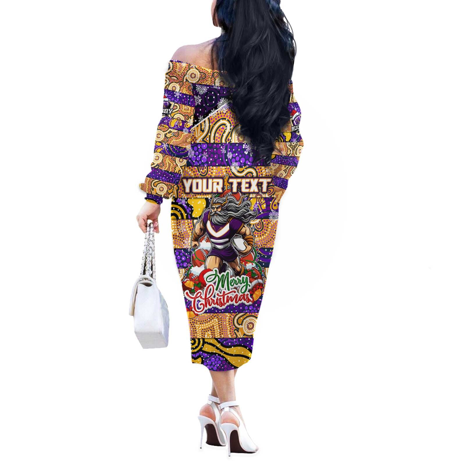 Custom Storm Rugby Merry Christmas Off The Shoulder Long Sleeve Dress Indigenous Australian Art