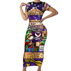 Custom Storm Rugby Merry Christmas Short Sleeve Bodycon Dress Indigenous Australian Art