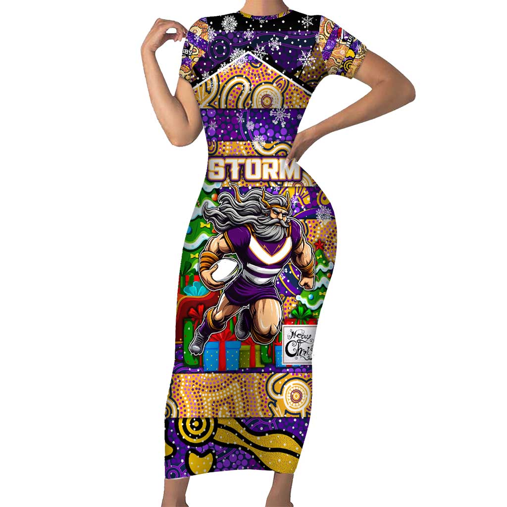 Custom Storm Rugby Merry Christmas Short Sleeve Bodycon Dress Indigenous Australian Art