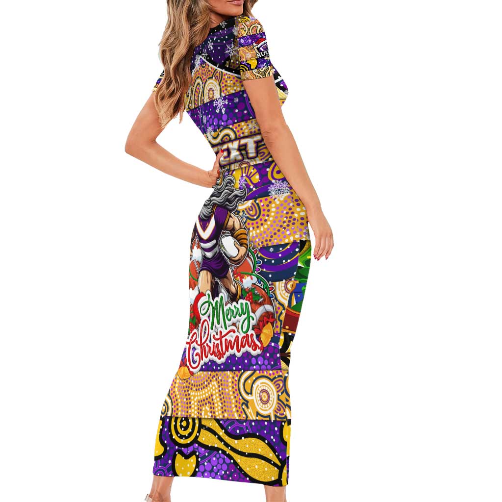 Custom Storm Rugby Merry Christmas Short Sleeve Bodycon Dress Indigenous Australian Art
