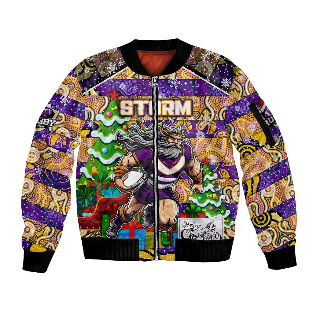 Custom Storm Rugby Merry Christmas Sleeve Zip Bomber Jacket Indigenous Australian Art
