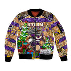 Custom Storm Rugby Merry Christmas Sleeve Zip Bomber Jacket Indigenous Australian Art