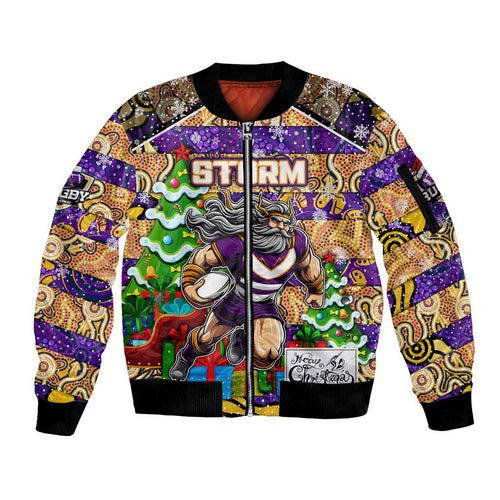 Custom Storm Rugby Merry Christmas Sleeve Zip Bomber Jacket Indigenous Australian Art