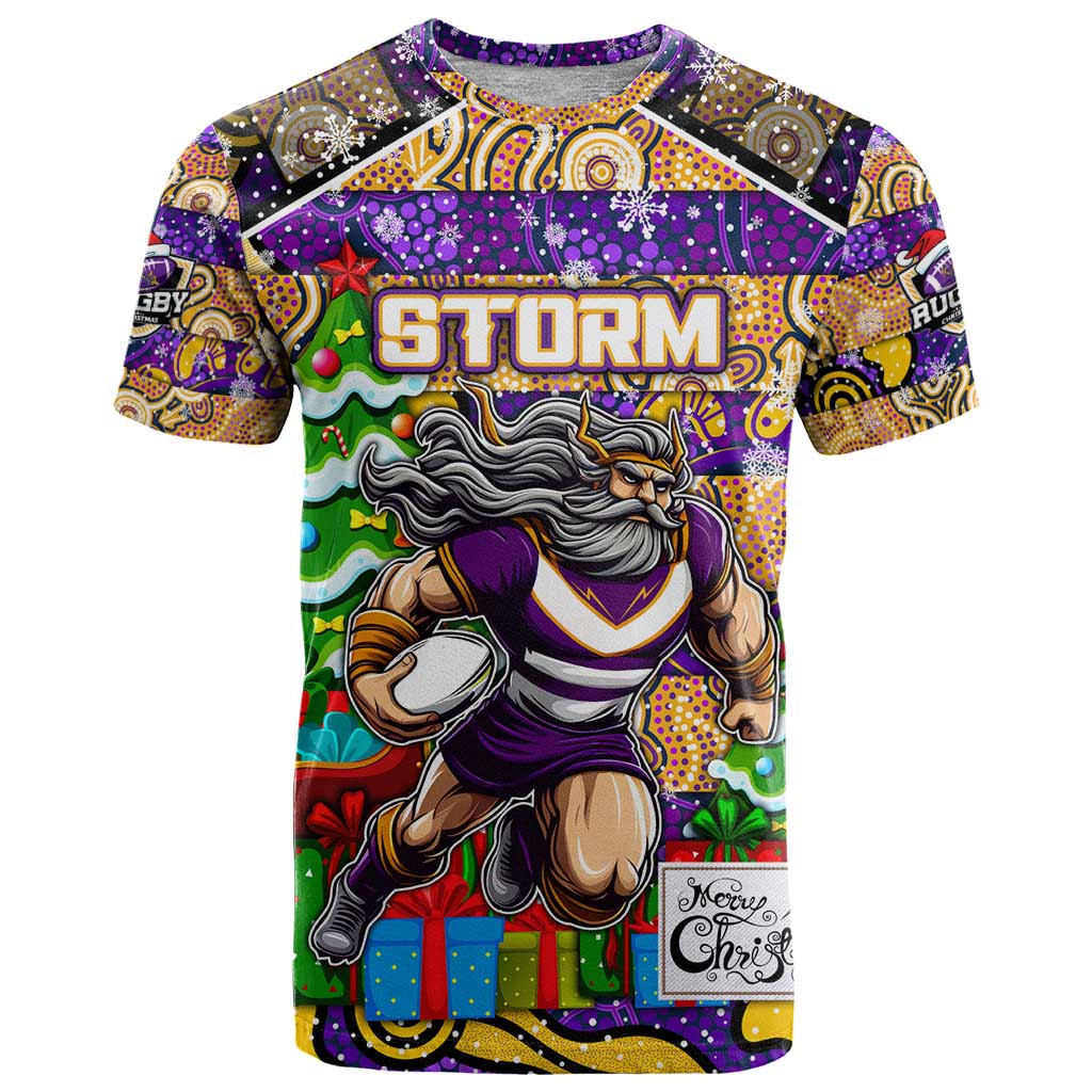 Custom Storm Rugby Merry Christmas T Shirt Indigenous Australian Art