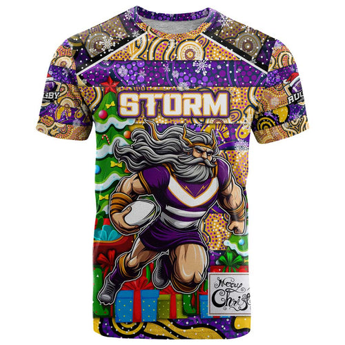 Custom Storm Rugby Merry Christmas T Shirt Indigenous Australian Art