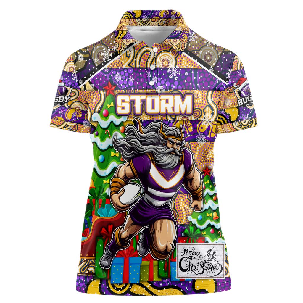 Custom Storm Rugby Merry Christmas Women Polo Shirt Indigenous Australian Art