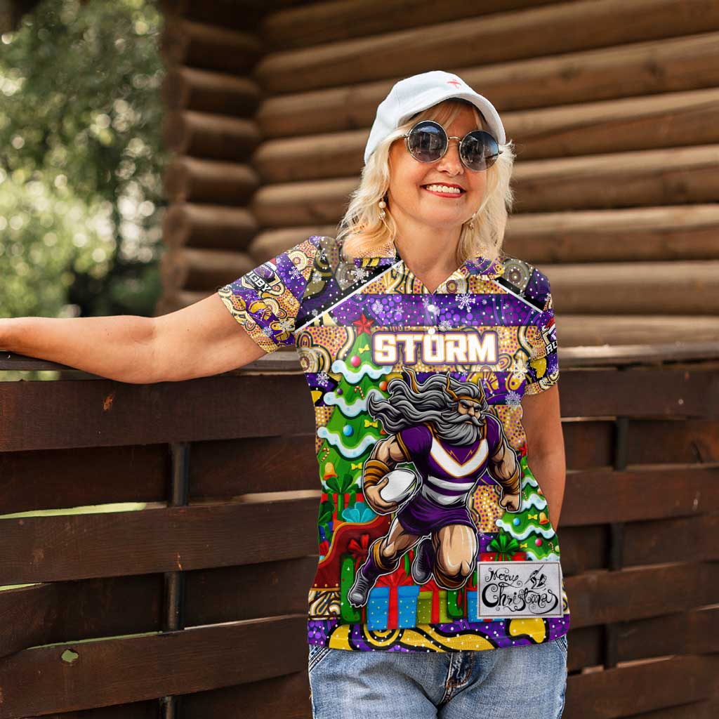 Custom Storm Rugby Merry Christmas Women Polo Shirt Indigenous Australian Art