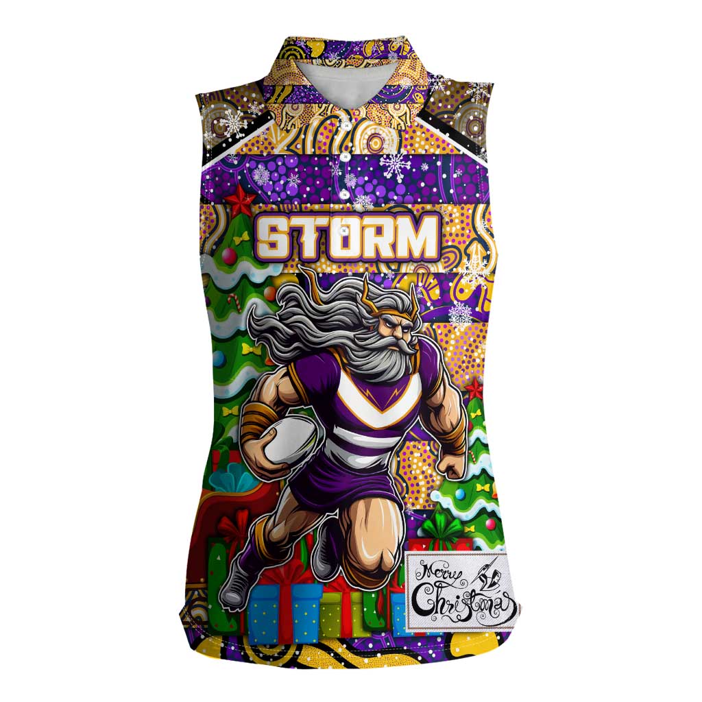 Custom Storm Rugby Merry Christmas Women Sleeveless Polo Shirt Indigenous Australian Art