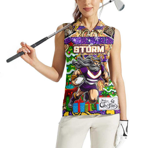 Custom Storm Rugby Merry Christmas Women Sleeveless Polo Shirt Indigenous Australian Art