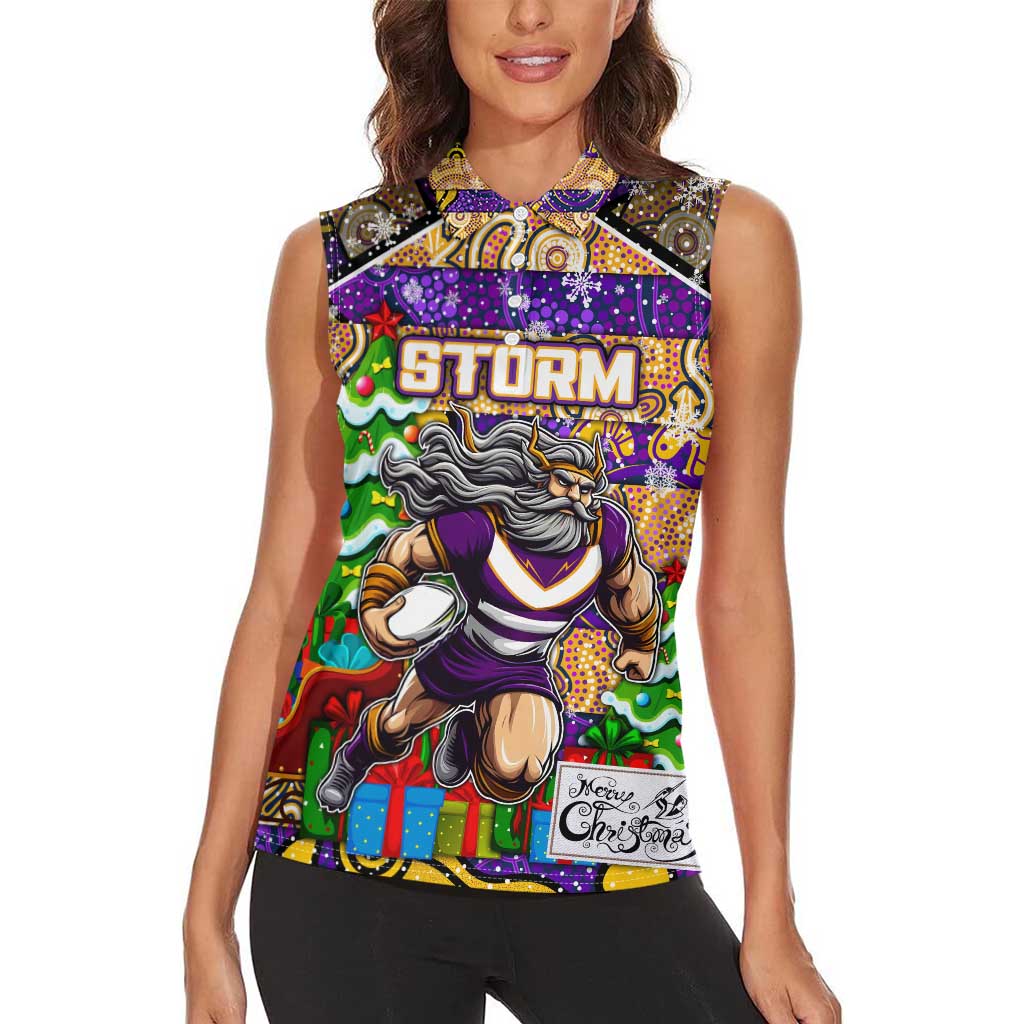 Custom Storm Rugby Merry Christmas Women Sleeveless Polo Shirt Indigenous Australian Art