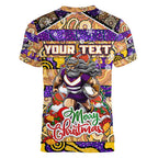 Custom Storm Rugby Merry Christmas Women V-Neck T-Shirt Indigenous Australian Art