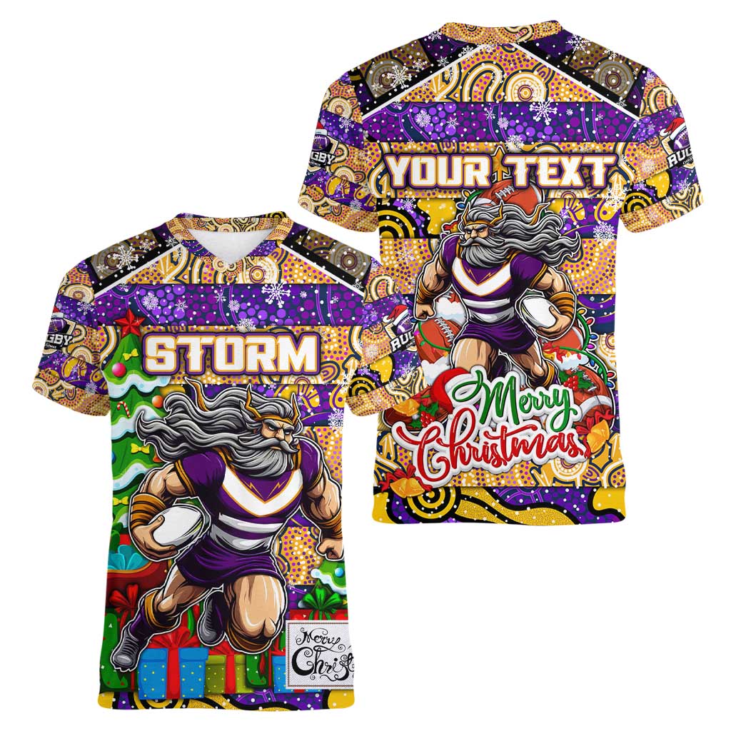 Custom Storm Rugby Merry Christmas Women V-Neck T-Shirt Indigenous Australian Art