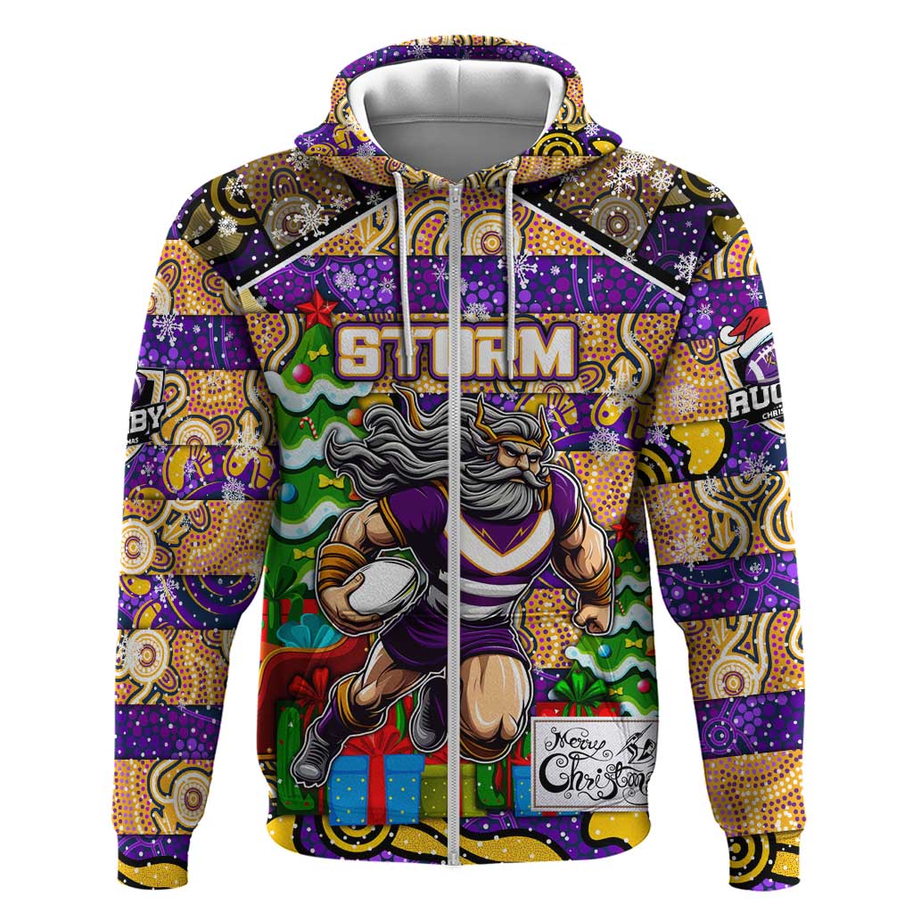 Custom Storm Rugby Merry Christmas Zip Hoodie Indigenous Australian Art