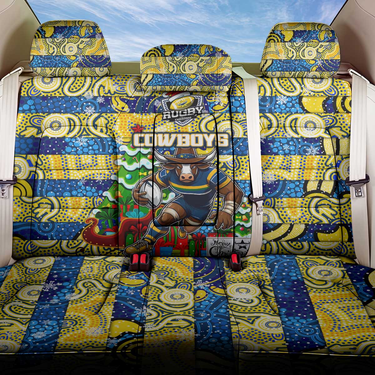 Cowboys Rugby Merry Christmas Back Car Seat Cover Indigenous Australian Art