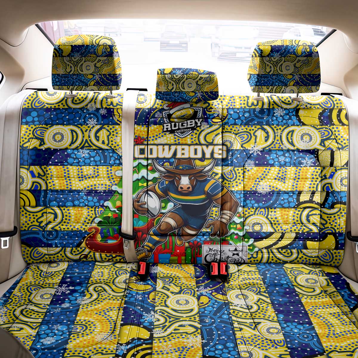 Cowboys Rugby Merry Christmas Back Car Seat Cover Indigenous Australian Art