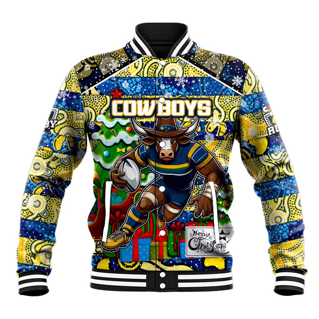 Custom Cowboys Rugby Merry Christmas Baseball Jacket Indigenous Australian Art