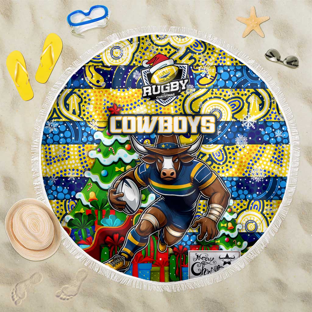 Cowboys Rugby Merry Christmas Beach Blanket Indigenous Australian Art