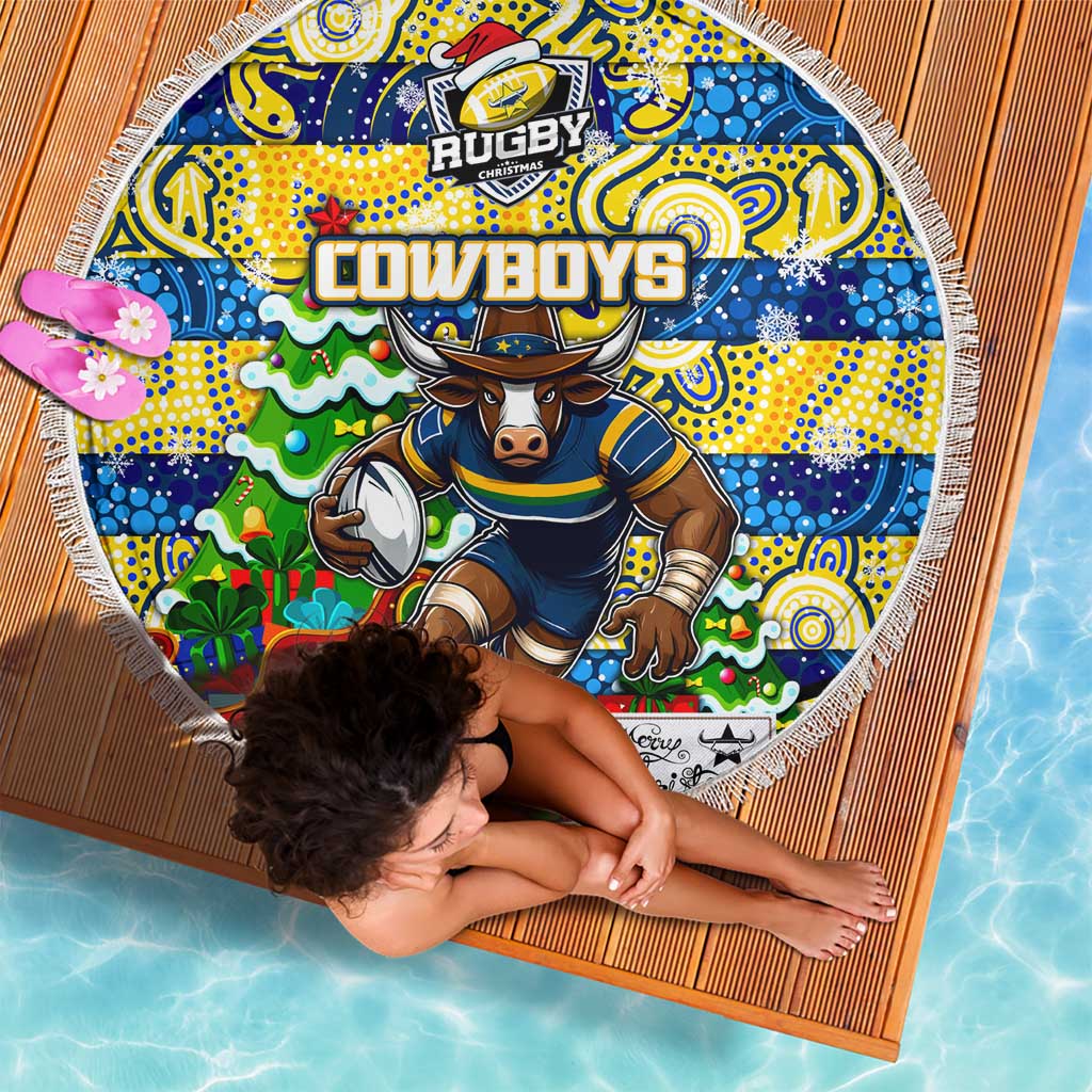 Cowboys Rugby Merry Christmas Beach Blanket Indigenous Australian Art