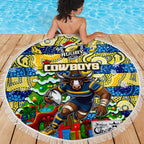 Cowboys Rugby Merry Christmas Beach Blanket Indigenous Australian Art