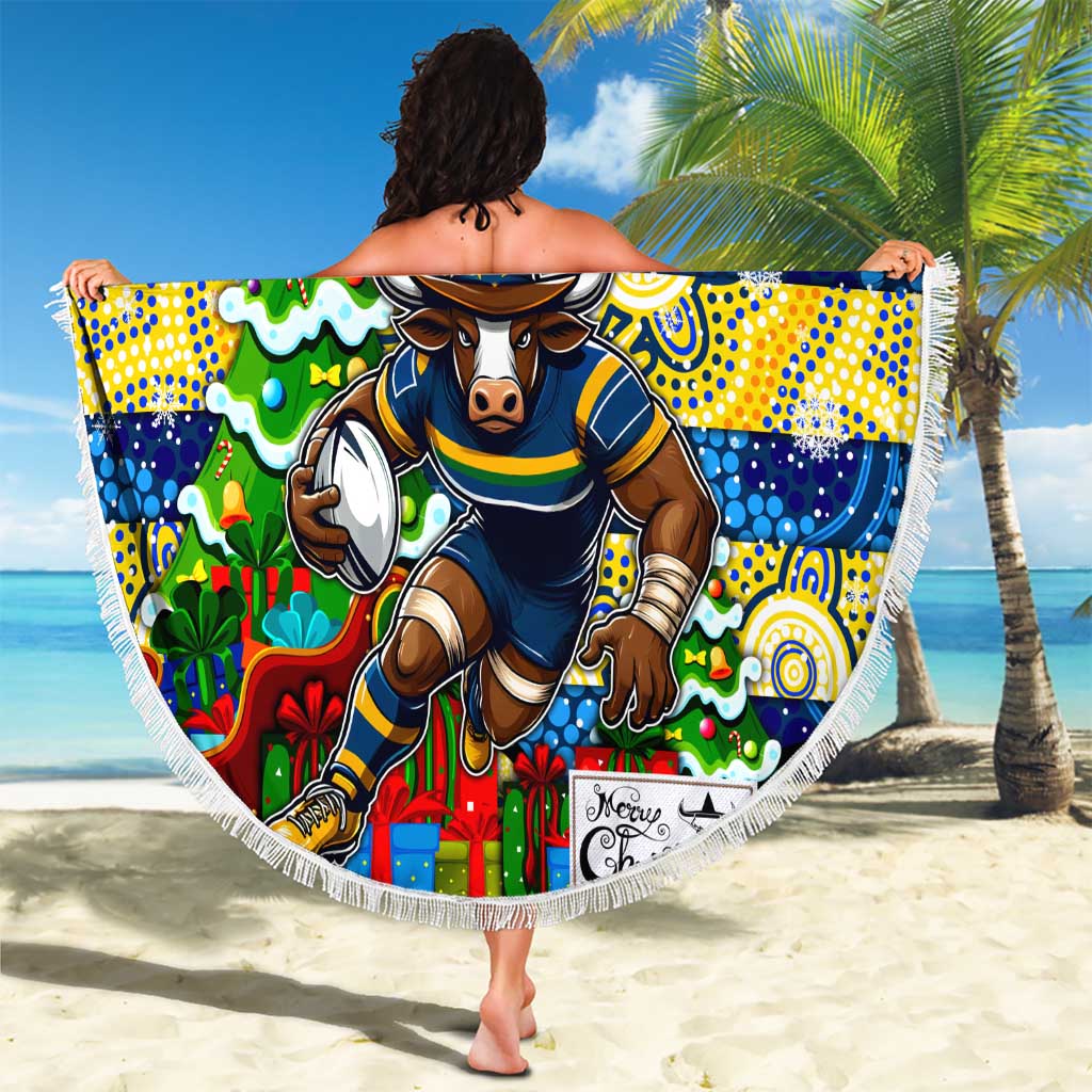 Cowboys Rugby Merry Christmas Beach Blanket Indigenous Australian Art