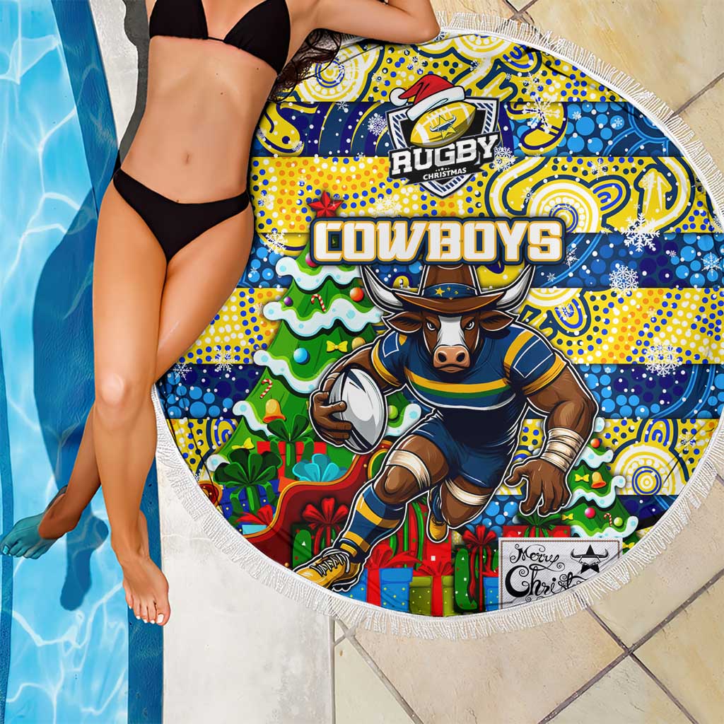 Cowboys Rugby Merry Christmas Beach Blanket Indigenous Australian Art