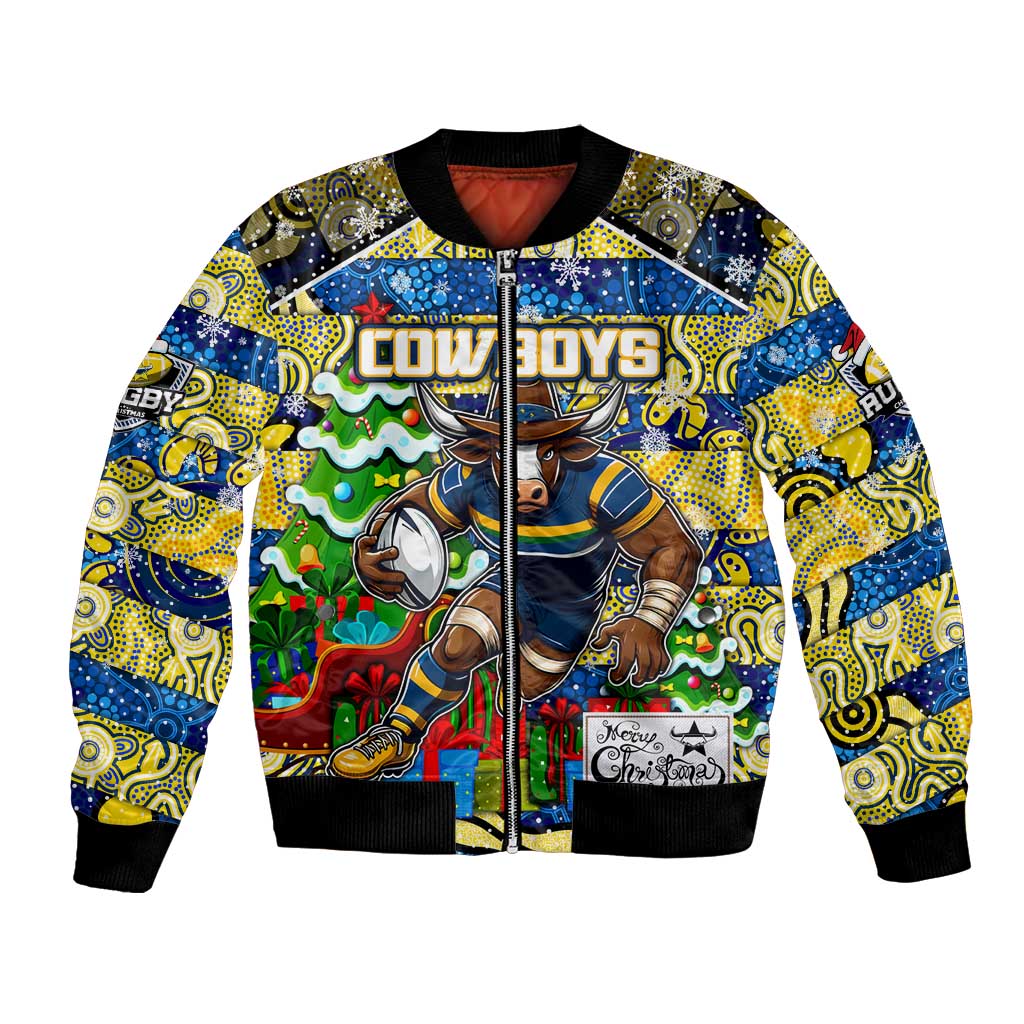 Custom Cowboys Rugby Merry Christmas Bomber Jacket Indigenous Australian Art