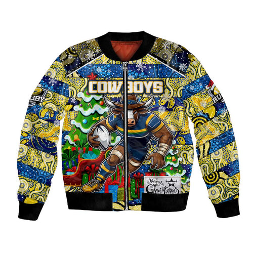 Custom Cowboys Rugby Merry Christmas Bomber Jacket Indigenous Australian Art