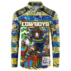 Custom Cowboys Rugby Merry Christmas Button Sweatshirt Indigenous Australian Art