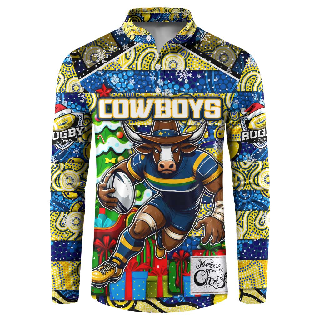Custom Cowboys Rugby Merry Christmas Button Sweatshirt Indigenous Australian Art