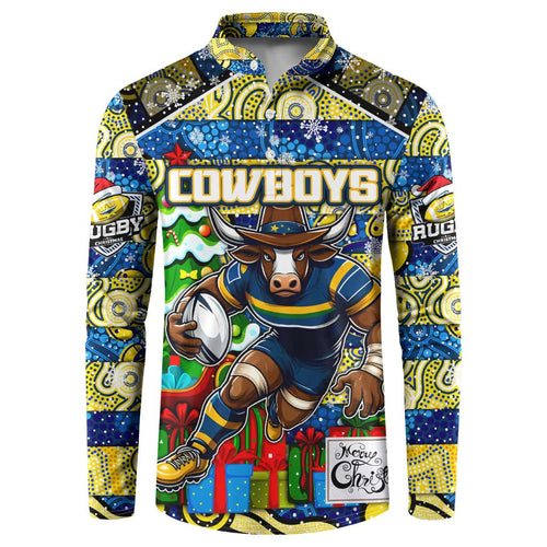 Custom Cowboys Rugby Merry Christmas Button Sweatshirt Indigenous Australian Art