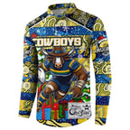 Custom Cowboys Rugby Merry Christmas Button Sweatshirt Indigenous Australian Art