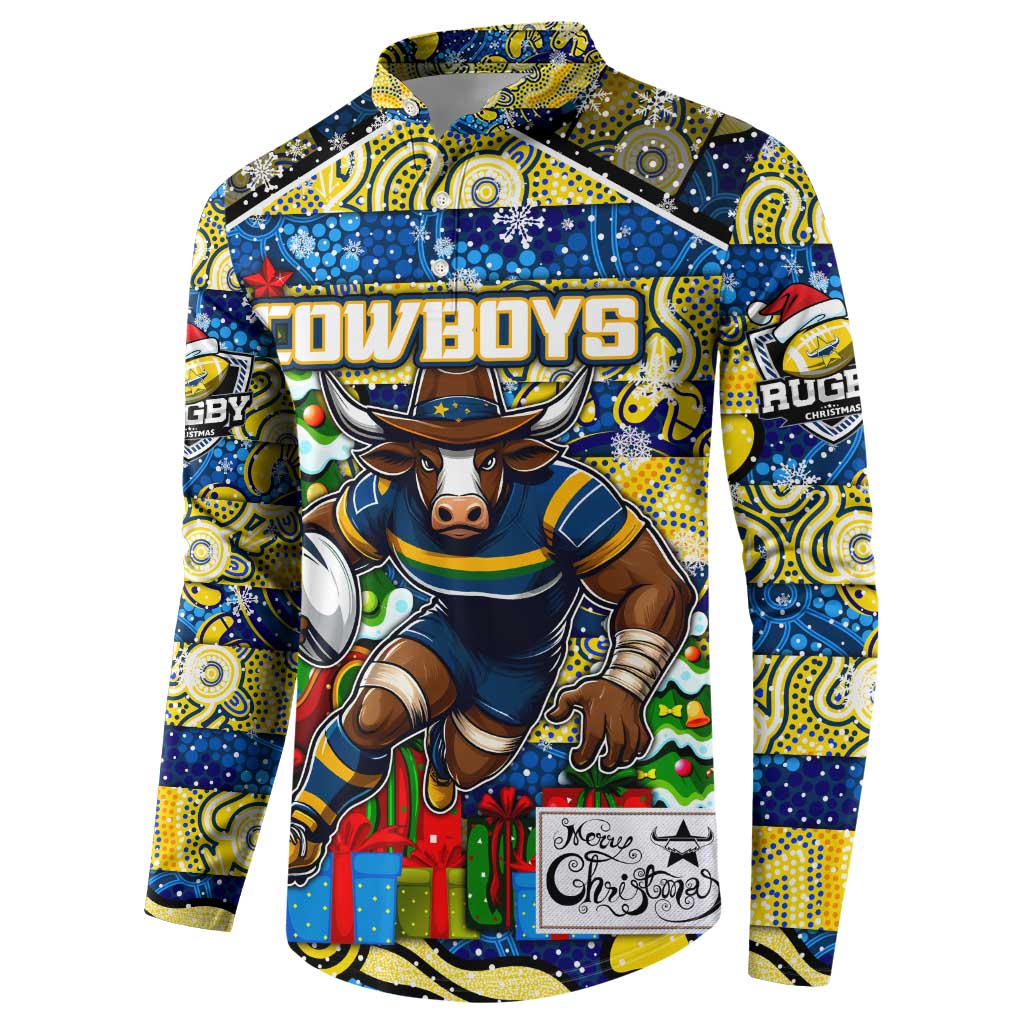 Custom Cowboys Rugby Merry Christmas Button Sweatshirt Indigenous Australian Art