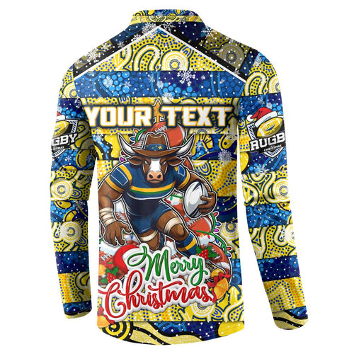 Custom Cowboys Rugby Merry Christmas Button Sweatshirt Indigenous Australian Art