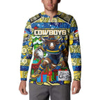 Custom Cowboys Rugby Merry Christmas Button Sweatshirt Indigenous Australian Art