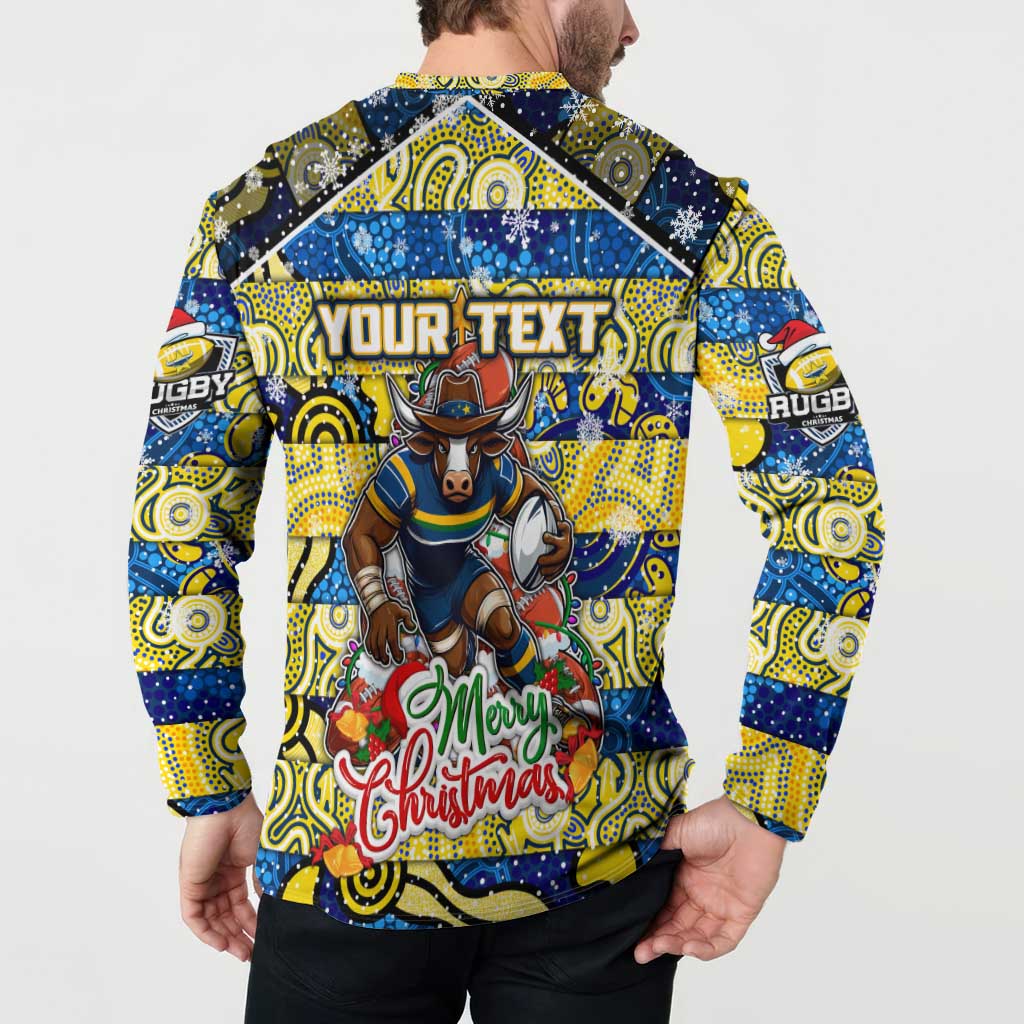 Custom Cowboys Rugby Merry Christmas Button Sweatshirt Indigenous Australian Art