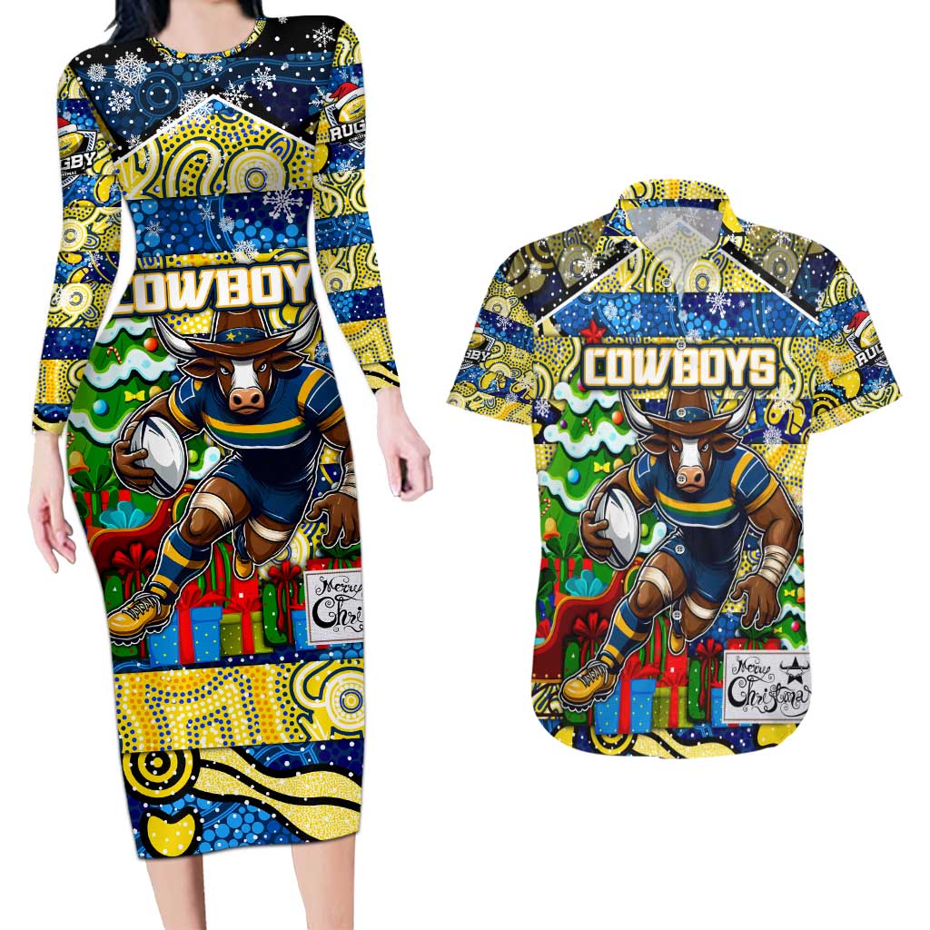 Custom Cowboys Rugby Merry Christmas Couples Matching Long Sleeve Bodycon Dress and Hawaiian Shirt Indigenous Australian Art