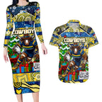 Custom Cowboys Rugby Merry Christmas Couples Matching Long Sleeve Bodycon Dress and Hawaiian Shirt Indigenous Australian Art
