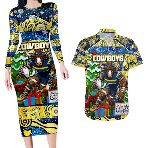 Custom Cowboys Rugby Merry Christmas Couples Matching Long Sleeve Bodycon Dress and Hawaiian Shirt Indigenous Australian Art