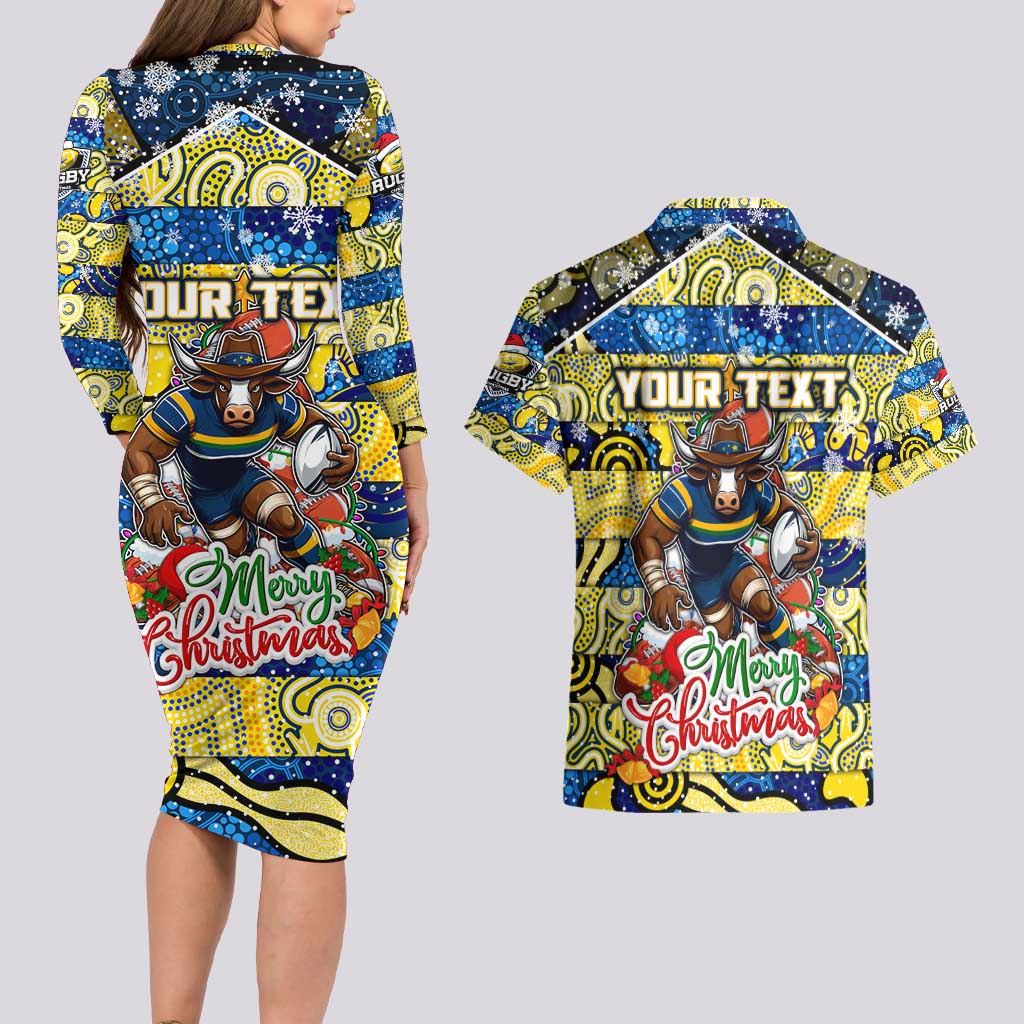 Custom Cowboys Rugby Merry Christmas Couples Matching Long Sleeve Bodycon Dress and Hawaiian Shirt Indigenous Australian Art