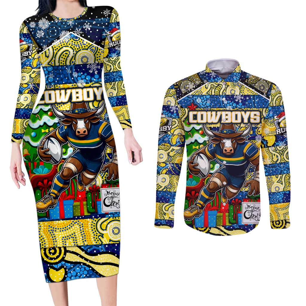 Custom Cowboys Rugby Merry Christmas Couples Matching Long Sleeve Bodycon Dress and Long Sleeve Button Shirt Indigenous Australian Art