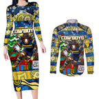 Custom Cowboys Rugby Merry Christmas Couples Matching Long Sleeve Bodycon Dress and Long Sleeve Button Shirt Indigenous Australian Art