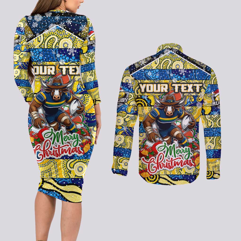 Custom Cowboys Rugby Merry Christmas Couples Matching Long Sleeve Bodycon Dress and Long Sleeve Button Shirt Indigenous Australian Art